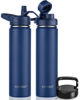Picture of CIVAGO 24 oz Insulated Water Bottle With Straw, Stainless Steel Sports Water Flask Cup with 3 Lids (Straw, Spout and Handle Lid), Double Walled Travel Thermal Canteen Mug, Navy