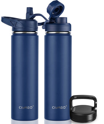 Picture of CIVAGO 24 oz Insulated Water Bottle With Straw, Stainless Steel Sports Water Flask Cup with 3 Lids (Straw, Spout and Handle Lid), Double Walled Travel Thermal Canteen Mug, Navy