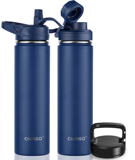 Picture of CIVAGO 24 oz Insulated Water Bottle With Straw, Stainless Steel Sports Water Flask Cup with 3 Lids (Straw, Spout and Handle Lid), Double Walled Travel Thermal Canteen Mug, Navy