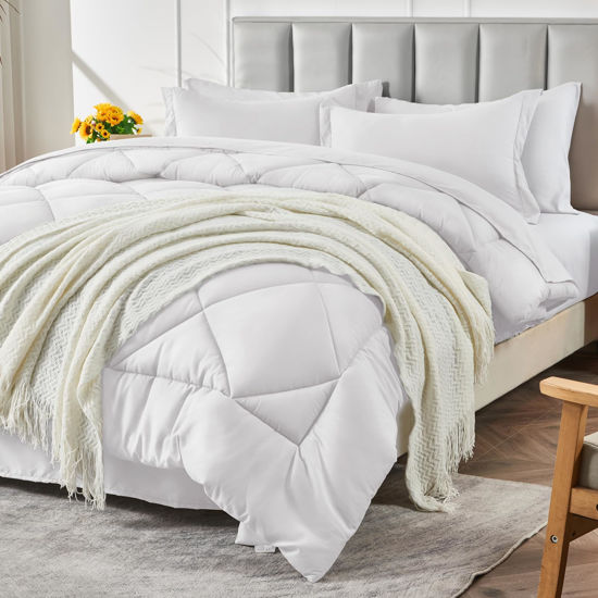 Picture of CozyLux King Bed in a Bag 7-Pieces Comforter Sets with Comforter and Sheets White All Season Bedding Sets with Comforter, Pillow Shams, Flat Sheet, Fitted Sheet and Pillowcases