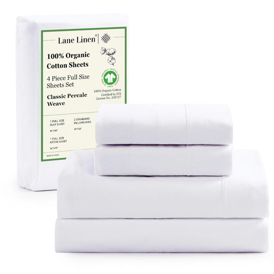 Picture of LANE LINEN 100% Organic Cotton Full Size Bed Sheets, Super Soft Long Staple Cotton Bed Sheets Full Size, Percale Weave Bedding Sheets and Pillowcases - White Full Sheet Set Fits 15" Deep Mattress