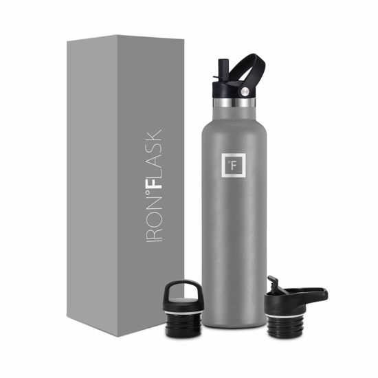 Picture of IRON °FLASK Camping & Hiking Hydration Canteens - 3 Lids (Narrow Straw Lid) Leak Proof Vacuum Insulated Stainless Steel - Hot & Cold Double Walled Sports Water Bottle - Graphite, 24 Oz