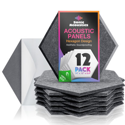 Picture of Sonic Acoustics Self-Adhesive 12 Pack Hexagon Acoustic Panels, 14" X 12" X 0.4" High Density Sound Absorbing Panels Sound Proof Insulation Beveled Edge Studio Treatment Tiles-Dark Grey