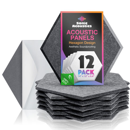 Picture of Sonic Acoustics Self-Adhesive 12 Pack Hexagon Acoustic Panels, 14" X 12" X 0.4" High Density Sound Absorbing Panels Sound Proof Insulation Beveled Edge Studio Treatment Tiles-Dark Grey