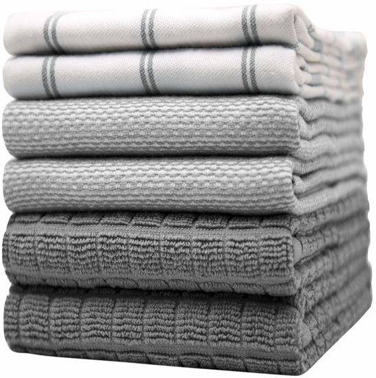 Picture of Premium Kitchen Towels (20”x 28”, 6 Pack) - Large Cotton Kitchen Hand Towels - Flat & Terry Towel - Highly Absorbent Tea Towels Set with Hanging Loop (Grey Check)