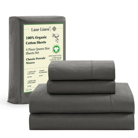 Picture of Lane Linen Queen Size Bed Sheets, 100% Organic Cotton Queen Sheet Set, Soft Cooling Bed Sheets Queen Size, Hotel Quality Queen Bed Sheet Set, Breatheble Queen Sheet Set Deep Pocket upto 15" - Charcoal