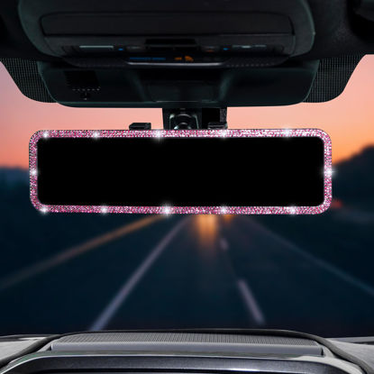 Picture of JoyTutus Bling Car Rear View Mirror, Universal 11.81 Inch Panoramic Rearview Mirror Accessories with Bling Rhinestones Crystal Diamonds for Women, Interior Clip-on Wide Angle Rear View Mirror -Pink