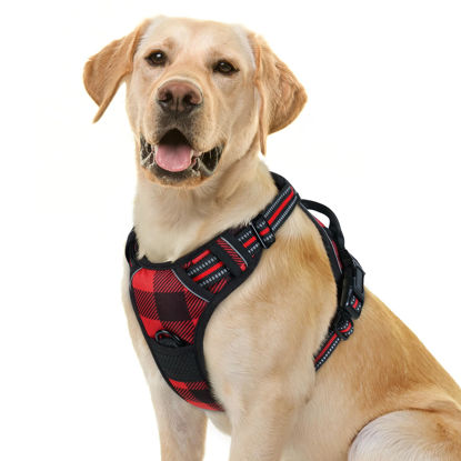 Picture of rabbitgoo Dog Harness No Pull with 2 Leash Clips, Adjustable Soft Padded, Reflective Oxford No Choke Pet Vest with Easy Control Handle for Large Dogs, Red Plaid, L