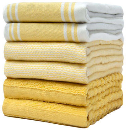 Picture of Premium Kitchen Towels (20”x 28”, 6 Pack) | Large Kitchen Hand Towels | Kitchen Towels Cotton | Flat & Terry Towel | Highly Absorbent Tea Towels Set with Hanging Loop | Wide Stripe Yellow