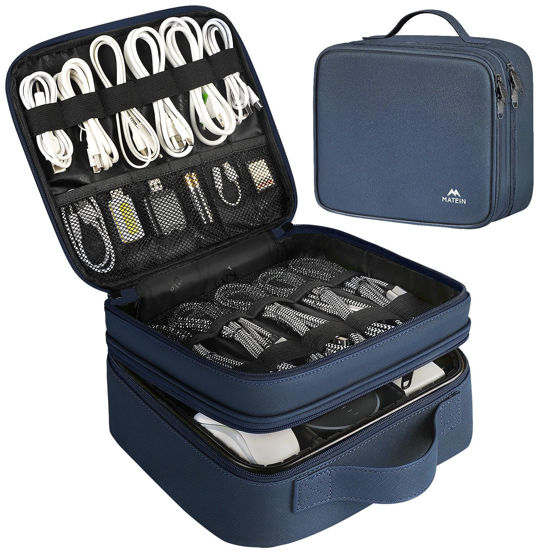 Picture of MATEIN Cord Organizer Box, Waterproof Travel Electronic Storage, Shockproof Portable Double Layer Tech Bags Carrying Case for Cord, Earbuds, Charger, SD Card, Tech Gifts, Blue