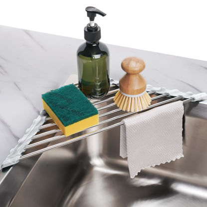 Picture of Tomorotec Marble Triangle Roll-Up Dish Drying Rack for Sink Corner - Small, Foldable, Stainless Steel, Multipurpose Kitchen Drainer Caddy, Trivet, Rustproof Organizer, Storage Shelf
