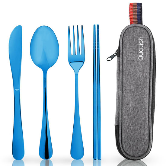 Picture of Travel Utensils with Case, Quatish Portable Silverware Set for Work, Stainless Steel Reusable Travel Cutlery Set, Fork and Spoon Set for Camping, Picnic, Gadgets, Lunch Box for Men, Blue