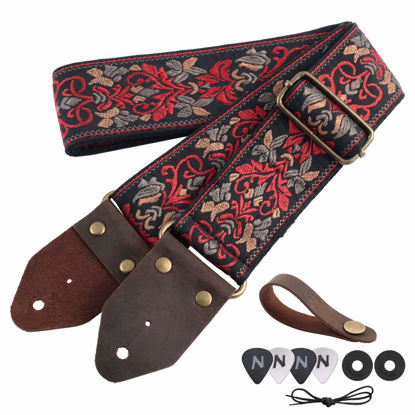 Picture of Nefelibata Guitar Strap,Jacquard Embroidery Cotton Guitar Straps with Crazy Horse Leather Leather Ends for Bass, Electric & Acoustic, Best Gifts for Kids, Guitarists(Retro Red Flower)