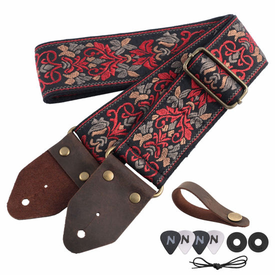 Picture of Nefelibata Guitar Strap,Jacquard Embroidery Cotton Guitar Straps with Crazy Horse Leather Leather Ends for Bass, Electric & Acoustic, Best Gifts for Kids, Guitarists(Retro Red Flower)