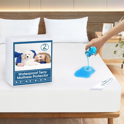 Picture of 2 Pack Twin Extra Long (XL) Waterproof Mattress Protector, Premium Terry Twin XL Sheets Fitted up to 14'' Depth Pocket, Ultra Soft and Breathable Mattress Topper Pad Cover XL Twin, Noiseless White