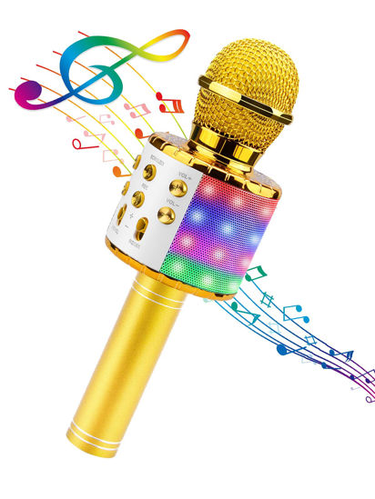 Picture of BlueFire 4 in 1 Karaoke Wireless Microphone with LED Lights, Portable Microphone for Kids, Great Gifts Toys for Kids, Girls, Boys and Adults (Gold)