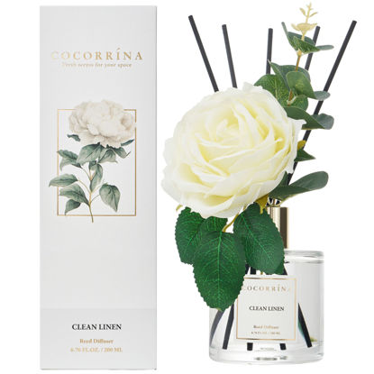 Picture of Cocorrína Flower Reed Diffuser - Clean Linen 6.7oz Scented Diffuser with Sticks Home Fragrance Essential Oil for Bathroom Shelf Decor (Artificial Flower)