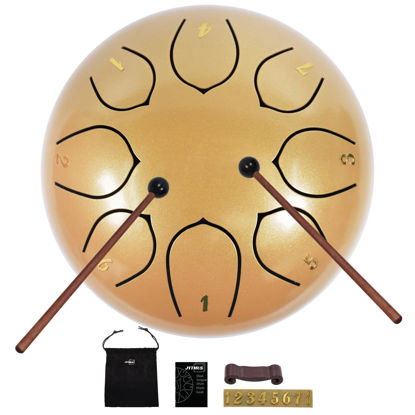 Picture of JYTMUS Steel Tongue Drum 8 Notes 6 Inches, C Major Percussion Instruments, Steel Drum Kit with Music Book, Carry Bag, Drum Mallets, Mallet Holder and Stickers, Tongue Drum for Yoga, Meditation