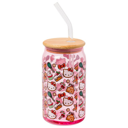Picture of Silver Buffalo Sanrio Hello Kitty Gingerbread Cookies Christmas Holiday Pink Glass Tumbler with Bamboo Lid and Glass Straw, 16 Ounces