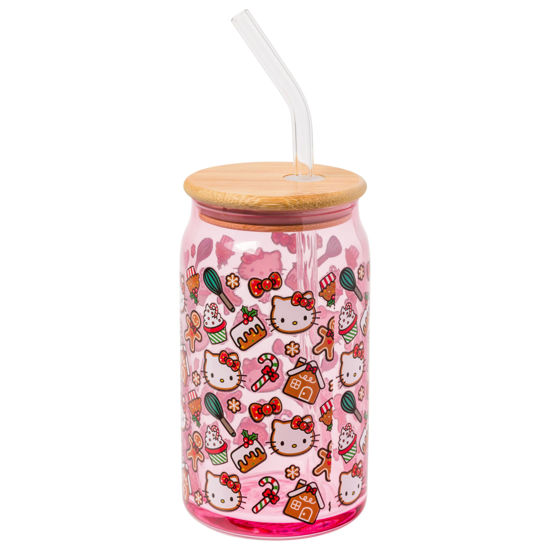 Picture of Silver Buffalo Sanrio Hello Kitty Gingerbread Cookies Christmas Holiday Pink Glass Tumbler with Bamboo Lid and Glass Straw, 16 Ounces