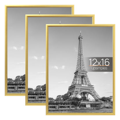 Picture of upsimples 12x16 Picture Frame Gold 3 Pack, Scratch-Proof Poster Frames 12 x 16 for Photo Gallery - Slide-In Strips, Horizontal or Vertical Wall Mounting