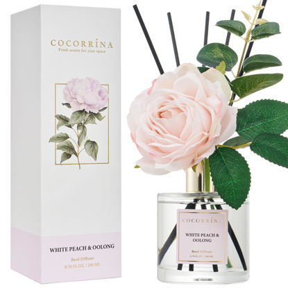 Picture of Cocorrína Flower Reed Diffuser - White Peach& Oolong 6.7oz Scented Diffuser with Sticks Home Fragrance Essential Oil for Bathroom Shelf Decor (Artificial Flower)