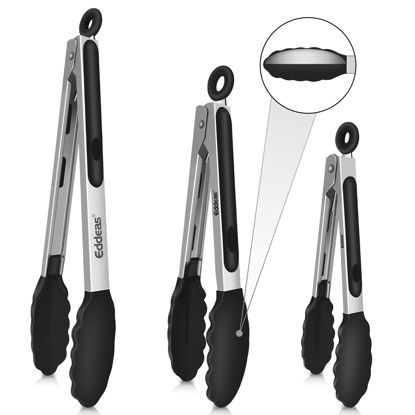 Picture of Eddeas Kitchen Tongs with Silicone Tips, Tongs for Cooking Heat Resistant 600 Degrees Stainless Steel Locking Tongs - 7" 9" & 12 inch Silicone Tongs Non-Stick, Black Set of 3