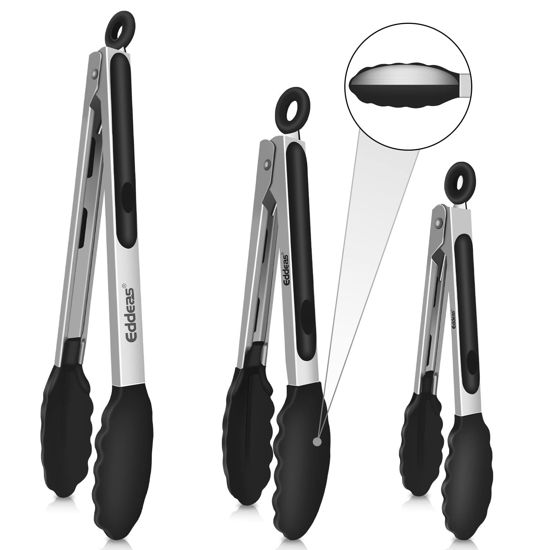 Picture of Eddeas Kitchen Tongs with Silicone Tips, Tongs for Cooking Heat Resistant 600 Degrees Stainless Steel Locking Tongs - 7" 9" & 12 inch Silicone Tongs Non-Stick, Black Set of 3