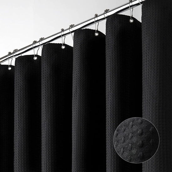 Picture of Dynamene Extra Wide Shower Curtain - 180 Inch Wide Waffle Weave Weighted Thick Cloth Bathroom Shower Curtain, Neutral Heavy Duty Hotel Bath Curtain Set with 32 Plastic Hooks,180x72, Black