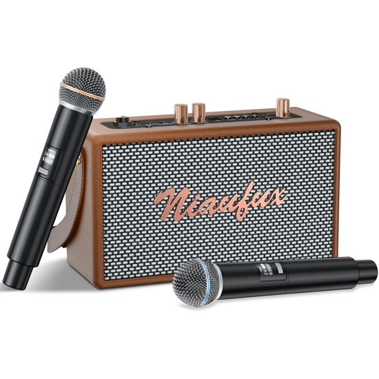 Picture of Retro Karaoke Machine with Two Wireless Microphones, Portable Bluetooth Speaker for Adults and Kids, Rechargeable PA System for Home Party, AUX/USB/TF/OTG Support, Vintage Decor Gifts - Brown