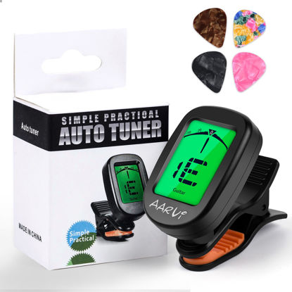 Picture of AARVI Clip On Guitar Tuner for All Instruments, Acoustic/Electric Guitar, Ukulele, Bass, Violin, Banjo, Large Clear LCD Display for Guitar Tuning, Chromatic Tuner, 4 Pack Guitar Picks Included