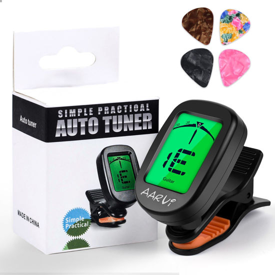 Picture of AARVI Clip On Guitar Tuner for All Instruments, Acoustic/Electric Guitar, Ukulele, Bass, Violin, Banjo, Large Clear LCD Display for Guitar Tuning, Chromatic Tuner, 4 Pack Guitar Picks Included