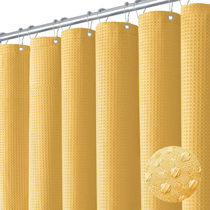Picture of Dynamene Gold Fabric Shower Curtain - Waffle Weave Textured Heavy Duty Cloth Shower Curtains for Bathroom, 256GSM Hotel Luxury Weighted Bath Curtain Set with 12 Hooks,72x72, Gold