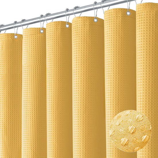 Picture of Dynamene Gold Fabric Shower Curtain - Waffle Weave Textured Heavy Duty Cloth Shower Curtains for Bathroom, 256GSM Hotel Luxury Weighted Bath Curtain Set with 12 Hooks,72x72, Gold
