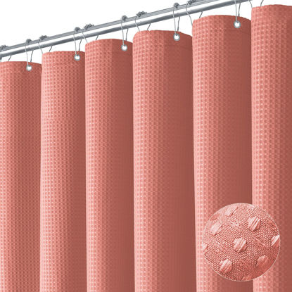 Picture of Dynamene Extra Long Shower Curtain - 96 Inch Long Waffle Weave Weighted Thick Cloth Bathroom Shower Curtain, Neutral Heavy Duty Hotel Bath Curtain Set with 12 Plastic Hooks,72x96, Coral