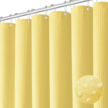 Picture of Dynamene Extra Long Shower Curtain - 96 Inch Long Waffle Weave Weighted Thick Cloth Bathroom Shower Curtain, Neutral Heavy Duty Hotel Bath Curtain Set with 12 Plastic Hooks,72x96, Yellow