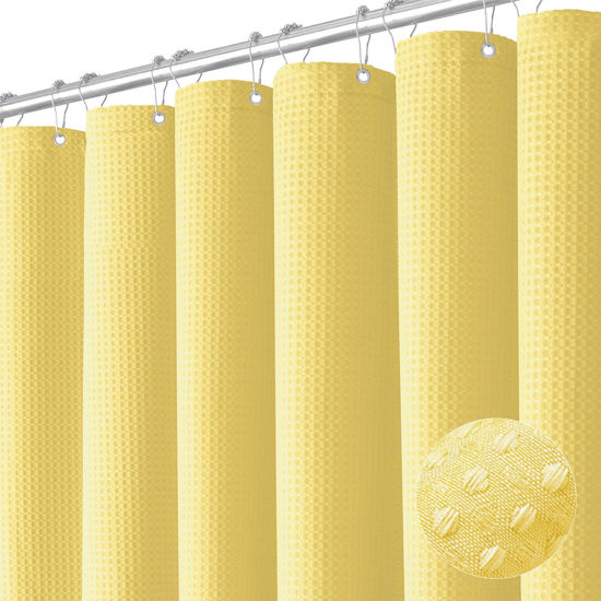 Picture of Dynamene Extra Long Shower Curtain - 96 Inch Long Waffle Weave Weighted Thick Cloth Bathroom Shower Curtain, Neutral Heavy Duty Hotel Bath Curtain Set with 12 Plastic Hooks,72x96, Yellow