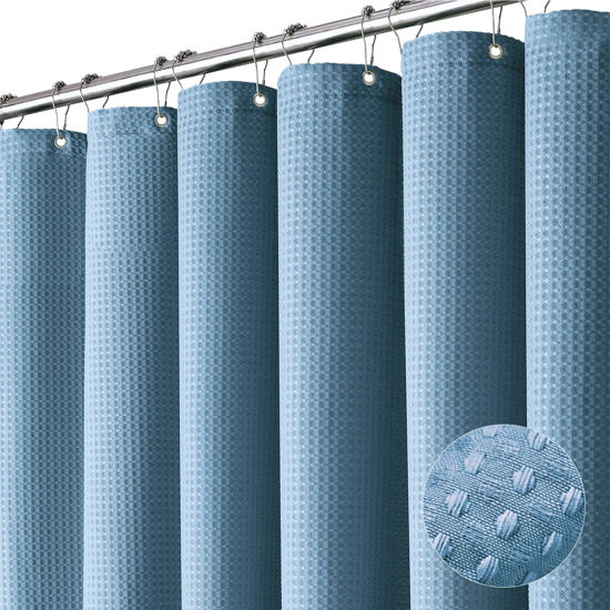Picture of Dynamene Blue Fabric Shower Curtain - Waffle Weave Textured Heavy Duty Cloth Shower Curtains for Bathroom, 256GSM Hotel Luxury Weighted Bath Curtain Set with 12 Plastic Hooks,72x72, Moonlight Blue