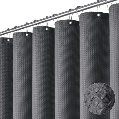 Picture of Dynamene Extra Long Shower Curtain - 84 Inch Long Charcoal Grey Waffle Weave Heavy Duty Fabric Bathroom Shower Curtain, Neutral Weighted Hotel Thick Bath Curtain Set with 12 Plastic Hooks,72x84