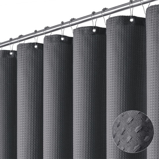 Picture of Dynamene Extra Long Shower Curtain - 84 Inch Long Charcoal Grey Waffle Weave Heavy Duty Fabric Bathroom Shower Curtain, Neutral Weighted Hotel Thick Bath Curtain Set with 12 Plastic Hooks,72x84
