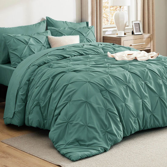 Picture of Bedsure Queen Comforter Set Graysih Green - Bed in a Bag Queen Size 7 Pieces, GentleSoft™ Pintuck Bed Set Gift for Family, Pinch Pleat Graysih Green Comforter with Sheets, Pillowcases & Shams