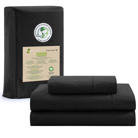 Picture of LANE LINEN 100% Organic Cotton Twin XL Sheets Set, 3-Piece Pure Organic Cotton Percale Sheets, Cotton Bedsheets, Ultra Soft Bedding Sheets, Breathable, Fits Mattress Upto 15" Deep - Black