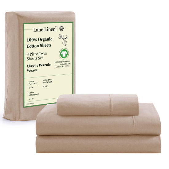 Picture of LANE LINEN 100% Organic Cotton Sheets Set Pure Long- Staple Percale Weave - Bedding for Bed Fits Mattress Upto 15in Deep Pocket (Twin Taupe)