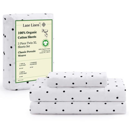 Picture of LANE LINEN 100% Organic Cotton Twin XL Sheets Set 3-Piece Pure Percale Bedsheets Bedding Breathable Fits Mattress Upto 15" Deep - Black Polka Dot