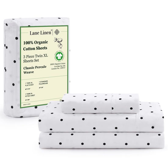 Picture of LANE LINEN 100% Organic Cotton Twin XL Sheets Set 3-Piece Pure Percale Bedsheets Bedding Breathable Fits Mattress Upto 15" Deep - Black Polka Dot