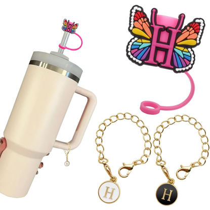 Picture of （1+2）Butterfly Straw Cover for Stanley Cup 30&40 Oz 10mm Straw Topper with 2PCS Stanley Cup Accessories Letter Charms Name ID Initial Letter Handle Personalized Charm For Stanley Tumbler (Letter H)