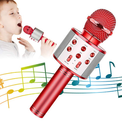 Picture of KIDWILL Wireless Bluetooth Karaoke Microphone for Kids, 5-in-1 Portable Handheld Karaoke Mic Speaker Player Recorder with Adjustable Remix FM Radio for Kids Girls Boys Teens Birthday (Red)