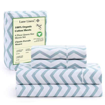 Picture of LANE LINEN 100% Organic Cotton Sheets Queen, 4-Piece Bed Sheets Queen Size Cotton, Luxury Sheets, Percale Weave,Breathable Bed Sheets Queen Size Deep Pockets Fits Upto 15" - Cool Blue Chevron