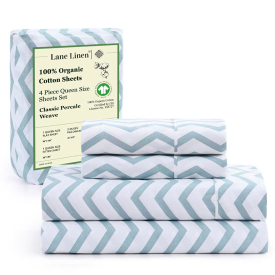 Picture of LANE LINEN 100% Organic Cotton Sheets Queen, 4-Piece Bed Sheets Queen Size Cotton, Luxury Sheets, Percale Weave,Breathable Bed Sheets Queen Size Deep Pockets Fits Upto 15" - Cool Blue Chevron