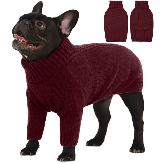 Picture of IECOii Large Dog Sweater,Pet Dog Sweaters for Large Dogs Boy,Thanksgiving Fall Doggie Sweatshirt,Turtleneck Thick Warm Girl Dog Sweater,Winter Knitwear Clothes for Corgi,French Bulldog(Wine-Red,L)